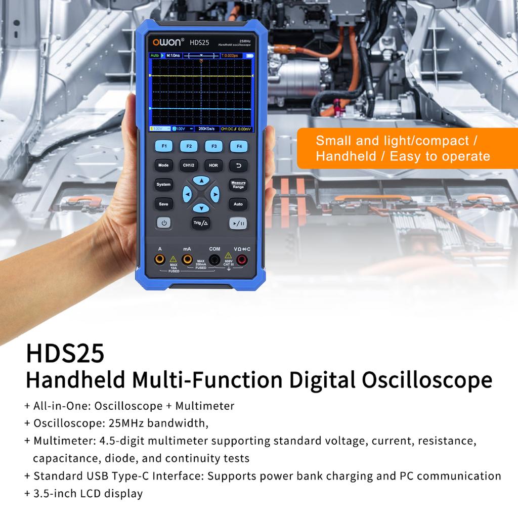 2in1 Oscilloscope Multimeter Dual Channel 25MHz Bandwidth Handheld Portable Oscilloscope 10,000 Wfms S 20,000 Counts