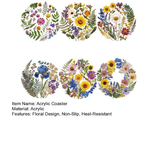 6Pcs Floral Coaster Set 2D Acrylic Coffee Cup Coaster Waterproof Heat-Resistant Cup Mat for Home Bar Party Cute Table Decor