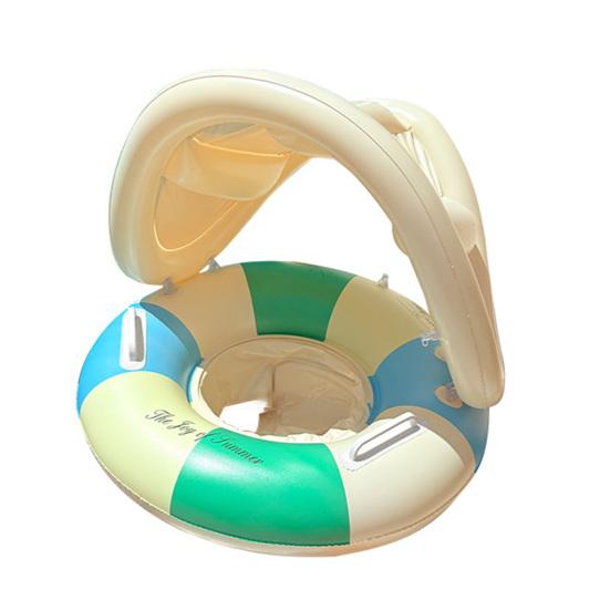 Baby Pool Float with Canopy Vintage Striped Inflatable Swim Ring with Safety Seat