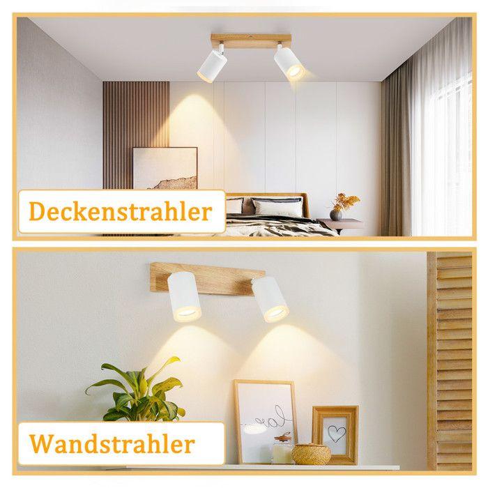 Ceiling Spotlight - NETTLIFE - 2 Spotlights - GU10 - 350° Rotatable - White Wood Metal (without Bulbs)