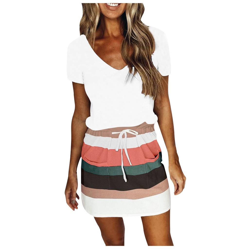 Women's Fashion Stripes Prints V-Neck Short Sleeves Lacing Pockets Leisure Dress