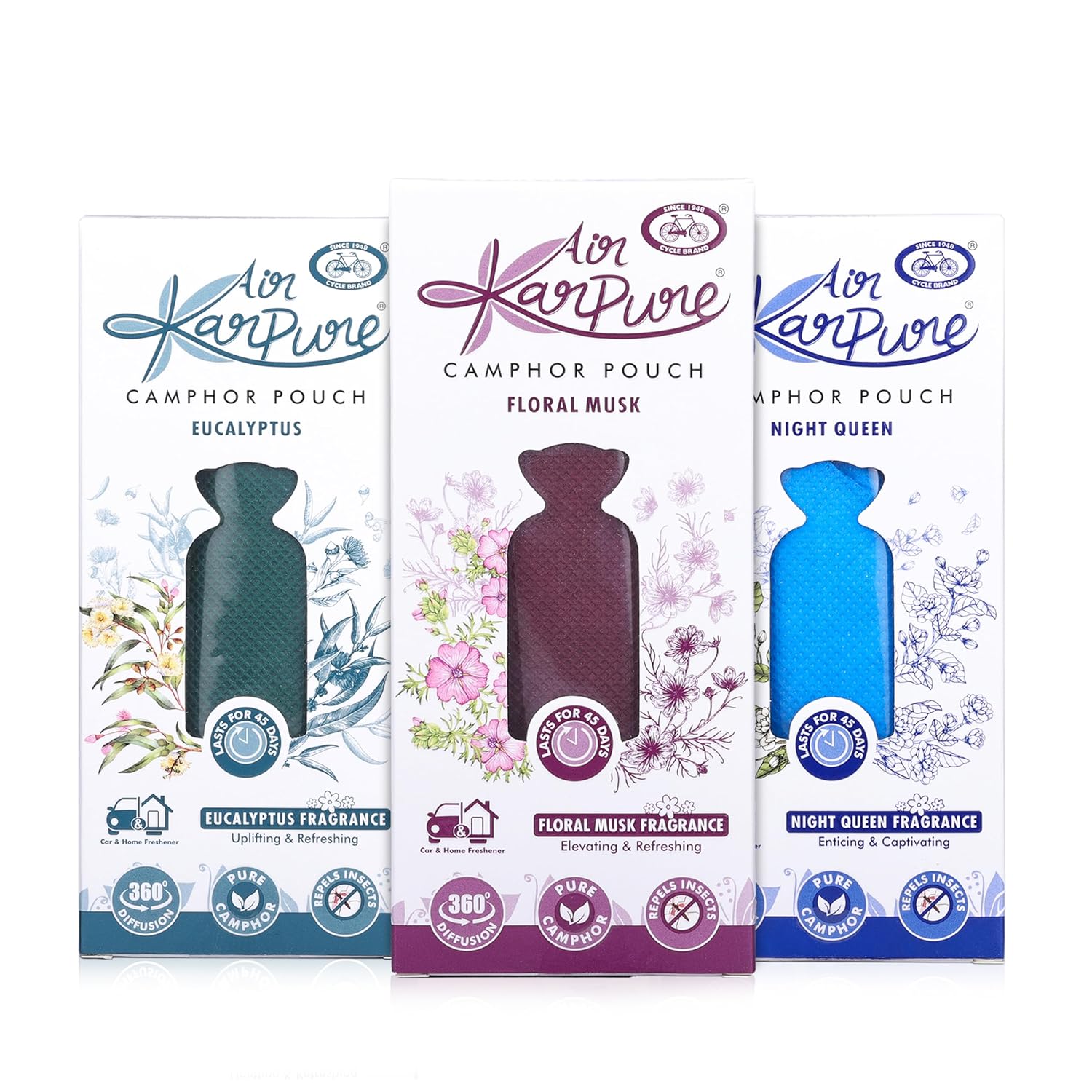 

Cycle Pure Karpure Camphor Pouch Pack of 3X60G – Night Queen, Floral Musk, Eucalyptus Air Freshener for Home, Long-Lasting Fragrance