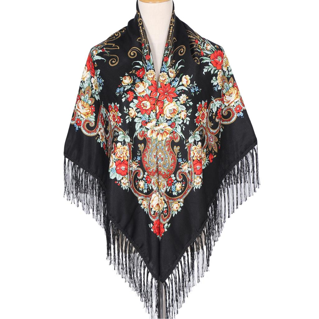 130*130cm Women Luxury Floral Print Square Scarves Russian National Fringed Shawl Traditional Ukrainian Babushka Head Wraps