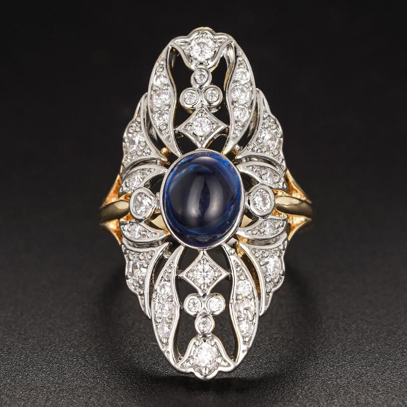 CopperLuxury Two Tone Zircon Flower Rings for Women Oval Blue Imitation Opal Stone Rings Gorgeous Lady Jewelry