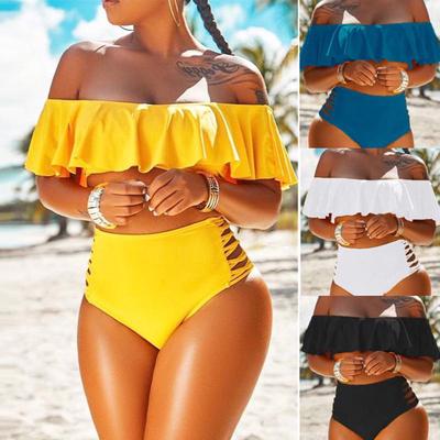 MAITA Swimsuit Two Pieces Women Separate Off Shoulder Hollow Out Swimwear Sexy High Waist Plus Size