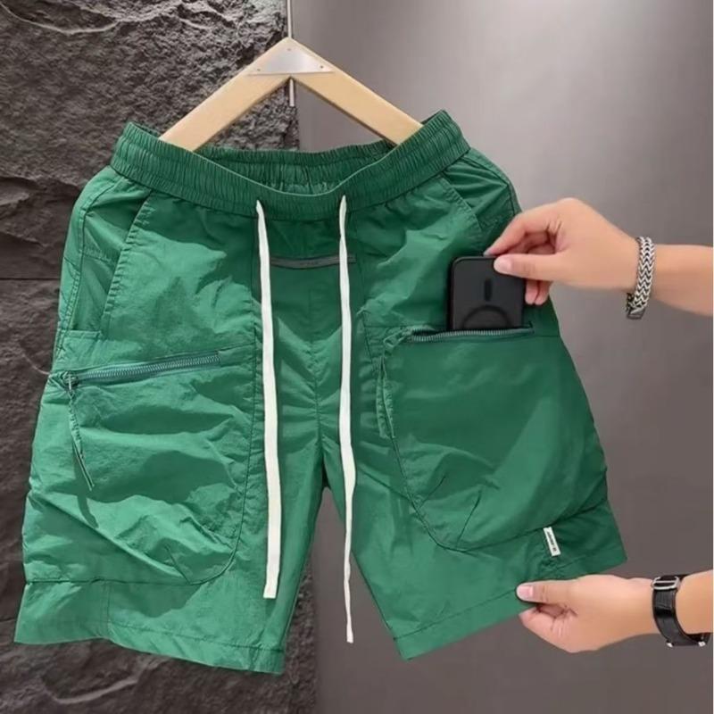 Men Casual Cargo Shorts Elastic Waist Drawstring Zipper Pocket Solid Color Outdoor Quick Dry Shorts