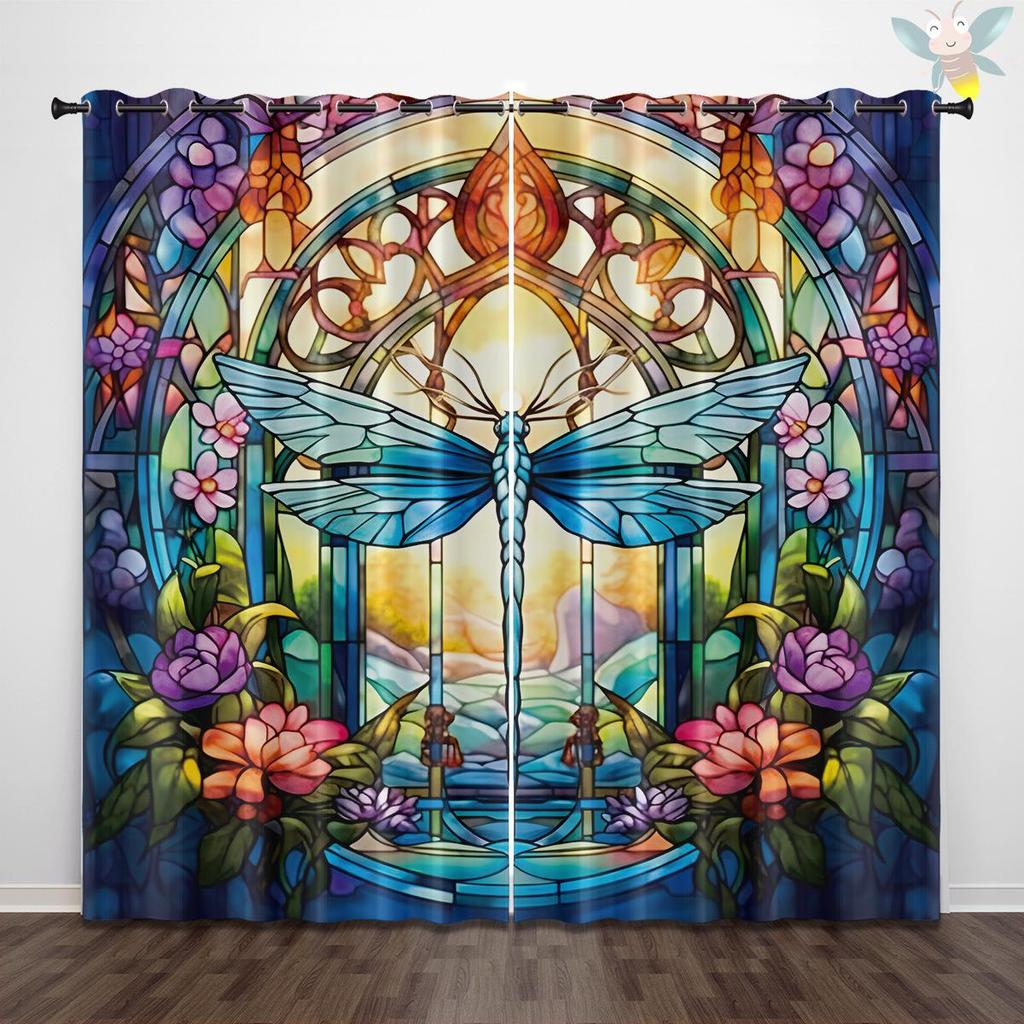 Dragonfly Pattern Glass Painted Blackout Curtains - Thickened Polyester, High Precision Sun Protection