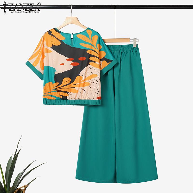 ZANZEA Women Short Sleeve Print Blouse and Wide Leg Pants Summer Two Piece Suit Sets