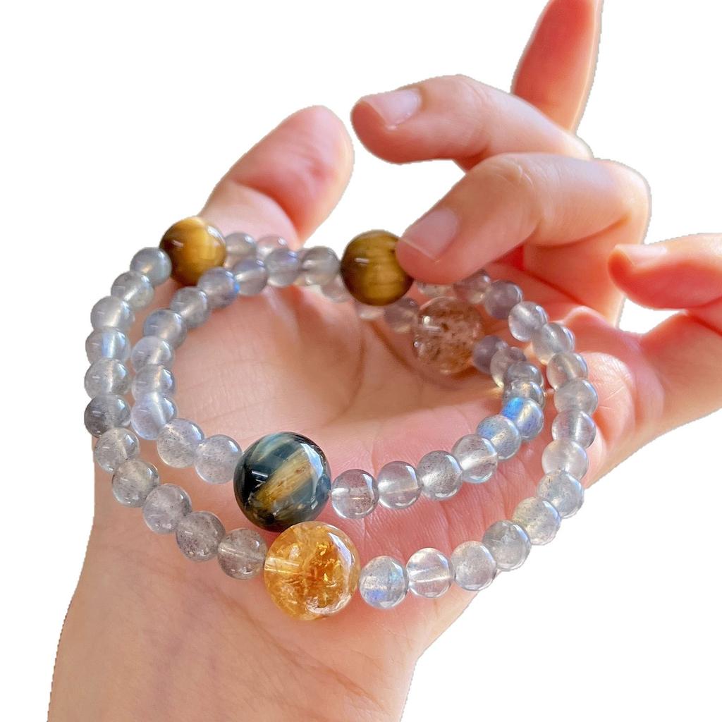 6Mm Autumn And Winter Natural Gray Moonstone Tiger'S Eye Stone Citrine Design Sense Multi-Circle Bracelet Bracelet.
