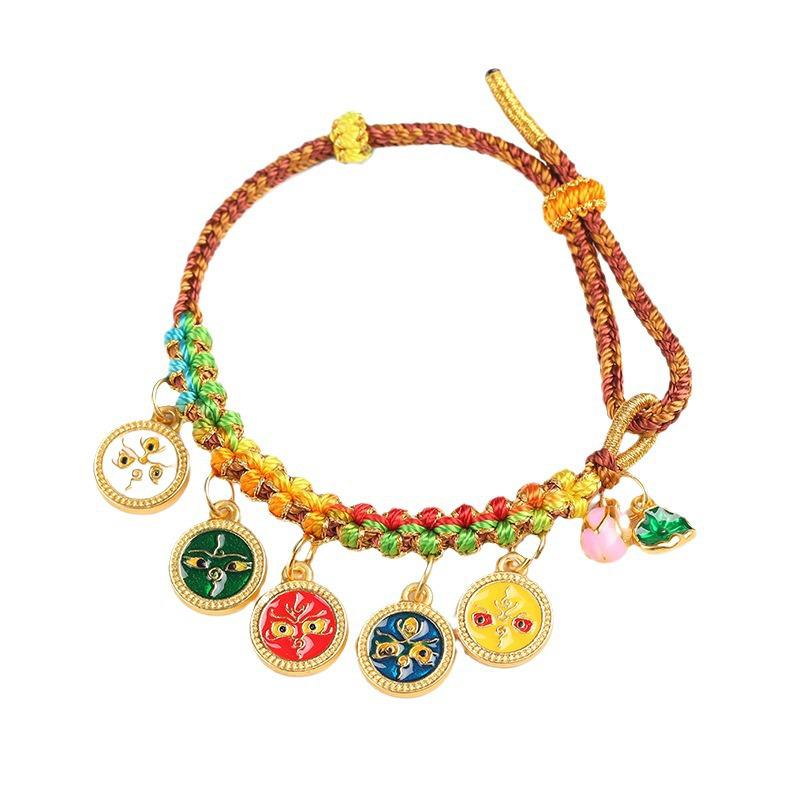 Tibetisches Fünf-Reichtumsgötter Pan Chang Knoten Armband - Roter & Fünffarbiger Faden Kordelzug für Paare