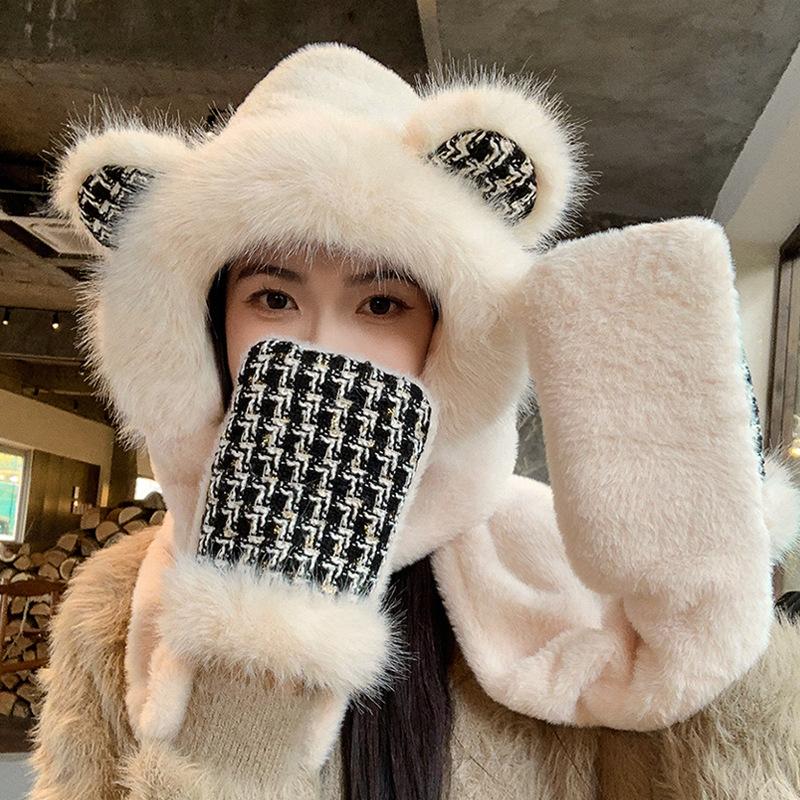 Cute bear hat, scarf and gloves integrated winter outdoor velvet women's thermal ear protection pullover hat
