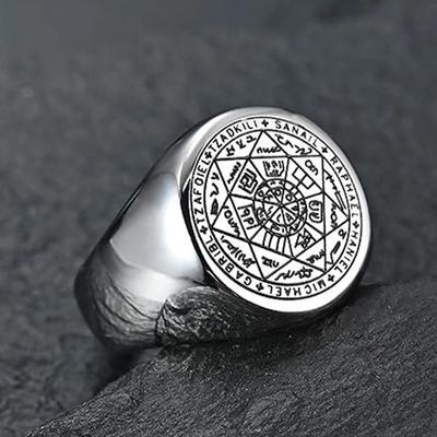 YILUOCD Zegel van de Zeven Aartsengelen Ringen voor Mannen De Sleutel van Salomo Ring Kabbalah Talisman Amulet Roestvrij Staal Heren Sieraden