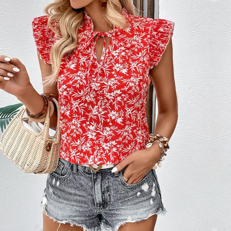 Women Sweet Stand Collar Ruffled Sleeve Flower Print Slim Fit Short Sleeve Shirt