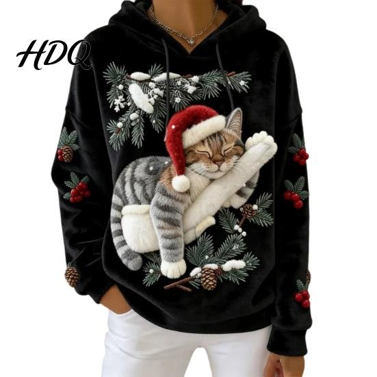 Christmas Cat Print Hoodie Women Hoodie Oversized Long Sleeve Pullover Sweatshirt Daily Wear Sweatshirt Casual Loose Drawstring Hooded Top