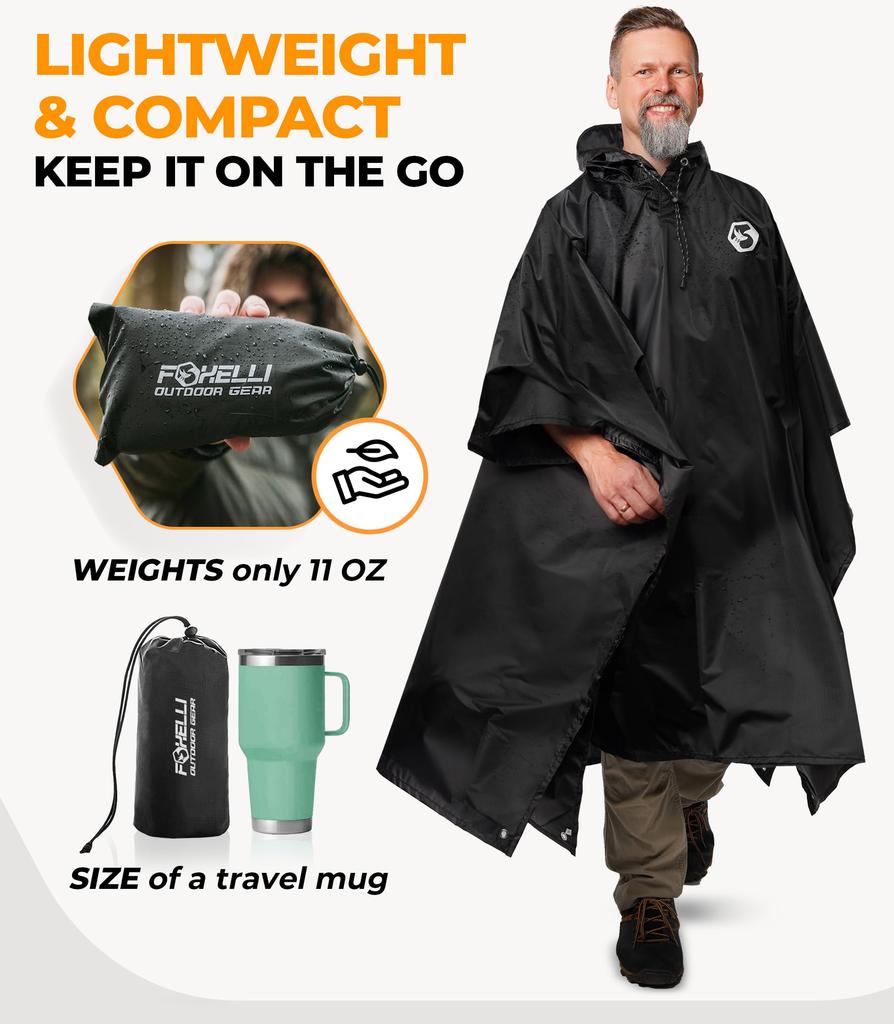 Foxelli Hooded Rain Poncho Waterproof Emergency Military Raincoat for Adults Men Women Lightweight Reusable Rain Gear for Camping Fishing Sporting