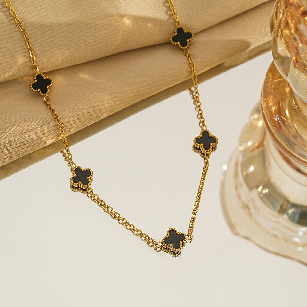 Double Sided Shell Necklace with Four Leaf Clover and Five Flower Mother of Pearl Collarbone Chain, 18K Gold High-end Necklace