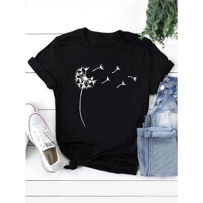 Plus Size Casual T-shirt, Women's Plus Dandelion Print Short Sleeve Round Neck Slight Stretch Top