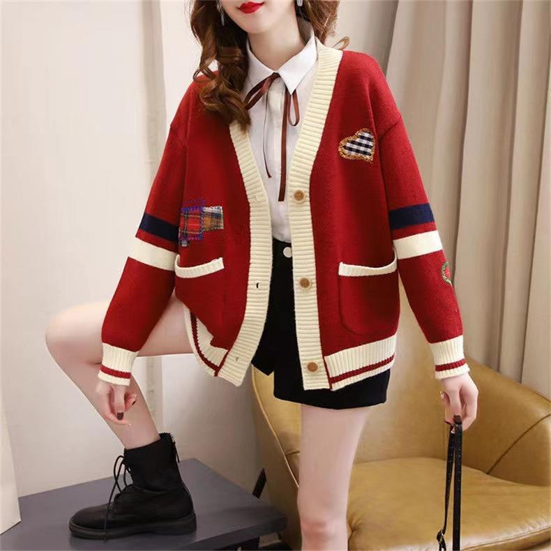 Embroidered Sweater Women's Coat Autumn and Winter Loose Knit Cardigan Long Sleeved Thick V - Neck Coat