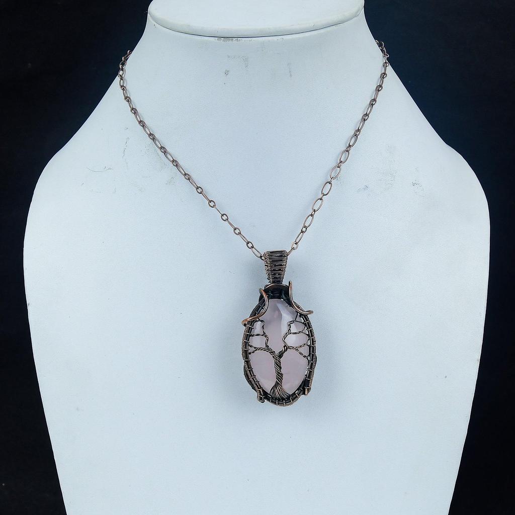Rose Quartz Jewelry, 999 Copper Wire Wrapped  Pendant Handmade Gemstone Jewelry, Gifts For Wife Brand New Pendant