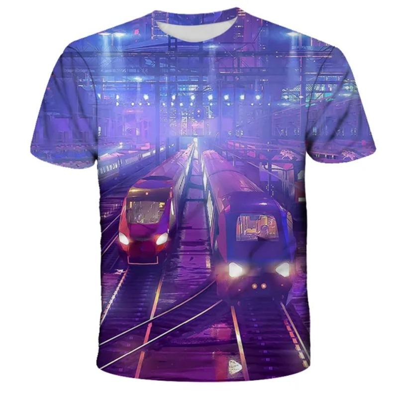 Retro Summer Motorcycle Train 3D Printed T-shirt Fashion Men's and Women's Daily T-shirt Round Neck Pattern T-shirt Top