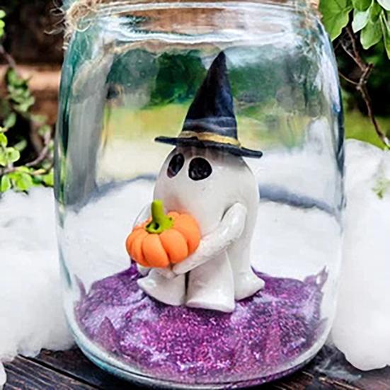 Φάντασμα σε Διαφανές Βάζο Καπέλο Μάγισσας Φάντασμα που Κρατάει Κόλοκύθα Ρητινένια Μινιατούρα Άγαλμα Γλυπτό Διακόσμηση Επιφάνειας Εργασίας Σπιτιού Γούρι Δώρο για το Χάλοουην