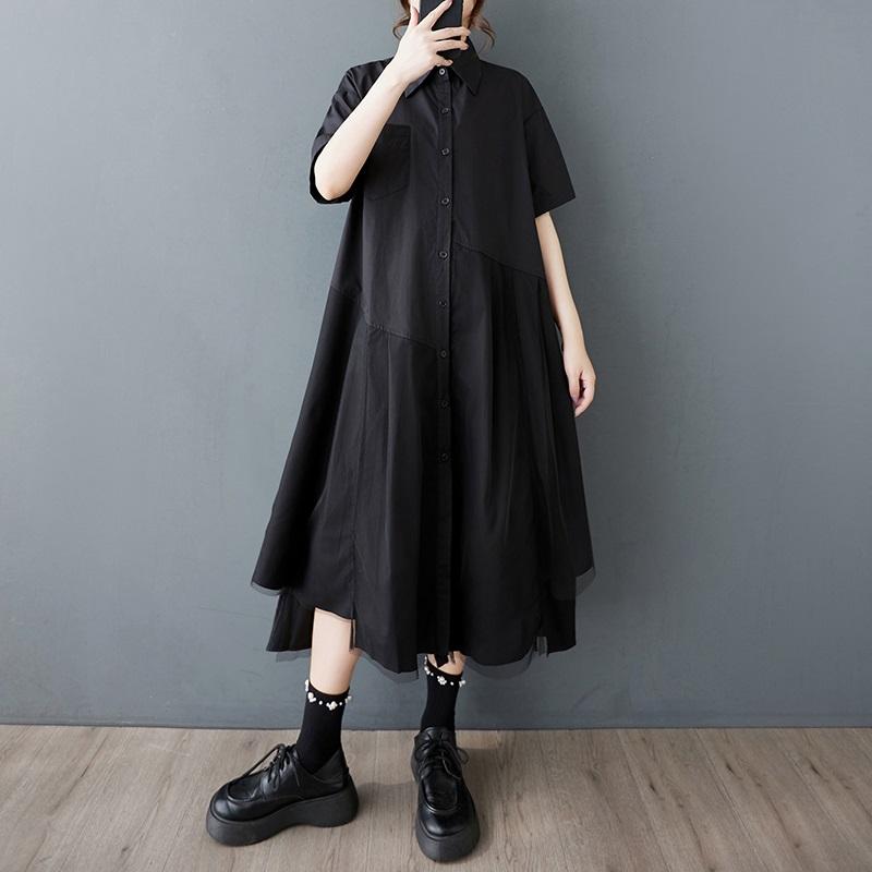 Short Sleeve Plus Size Black Cotton Mesh Vintage New In Dresses for Women Casual Loose Long Summer Shirt Dress
