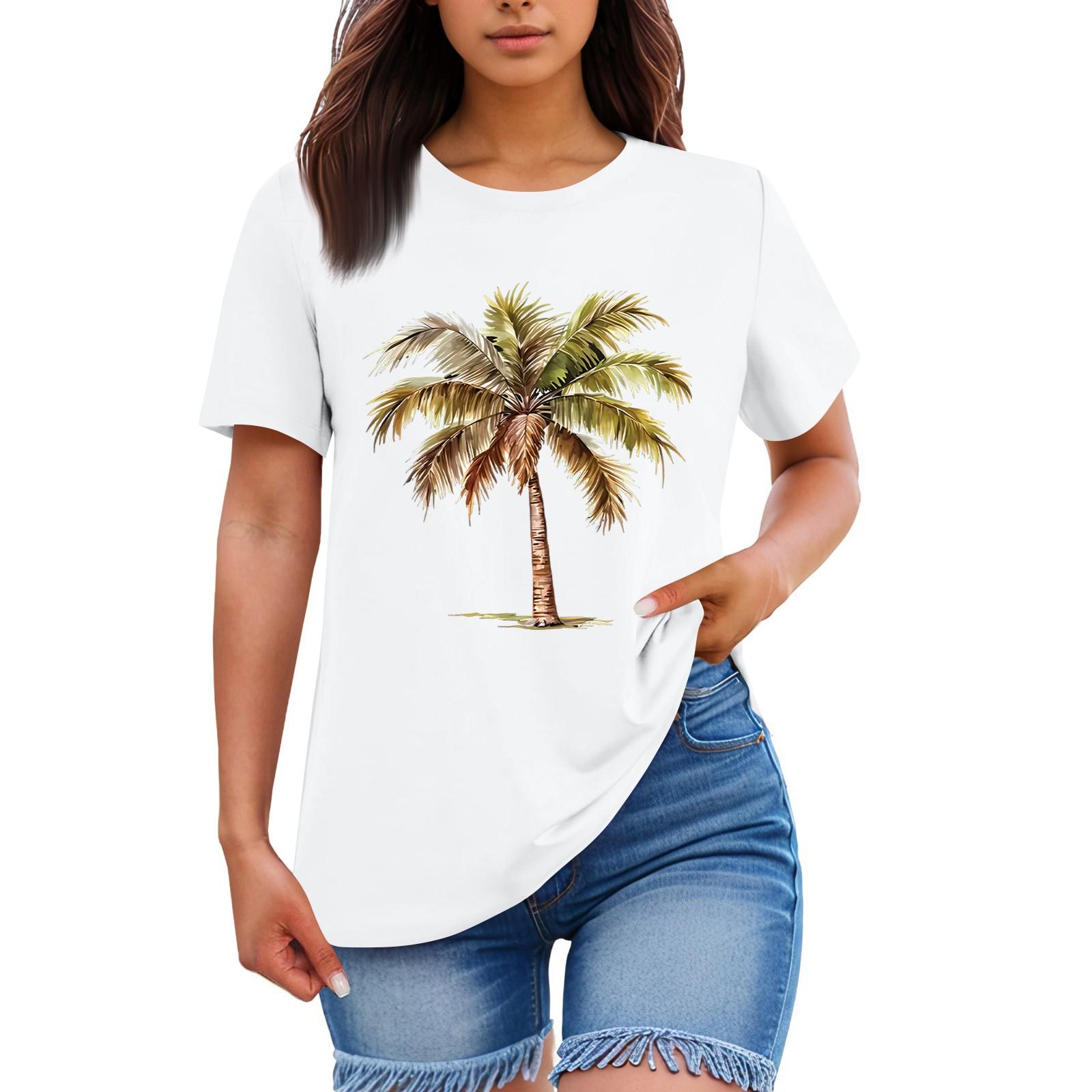 

Женская свободная удобная повседневная и модная рубашка с гавайским принтом растений, круглым вырезом и короткими рукавами XL белый