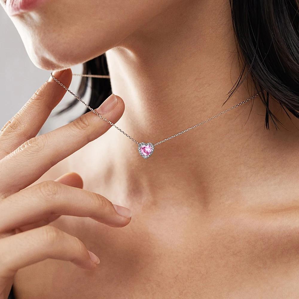 925 Silver Heart-Shaped Shiny Zircon Elevated Red&Pink&Blue&White Heart Necklace Lover's Gift Fine Jewelry for Women