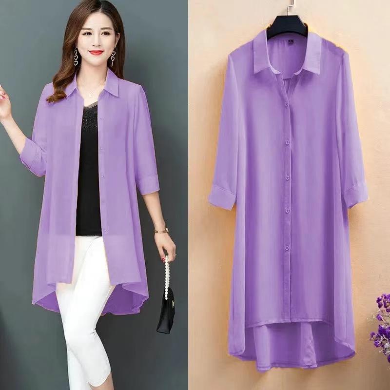 Chiffon Shirts Women's Large Size Mid-Length Three-quarter Sleeve Cardigan Outer Sunscreen