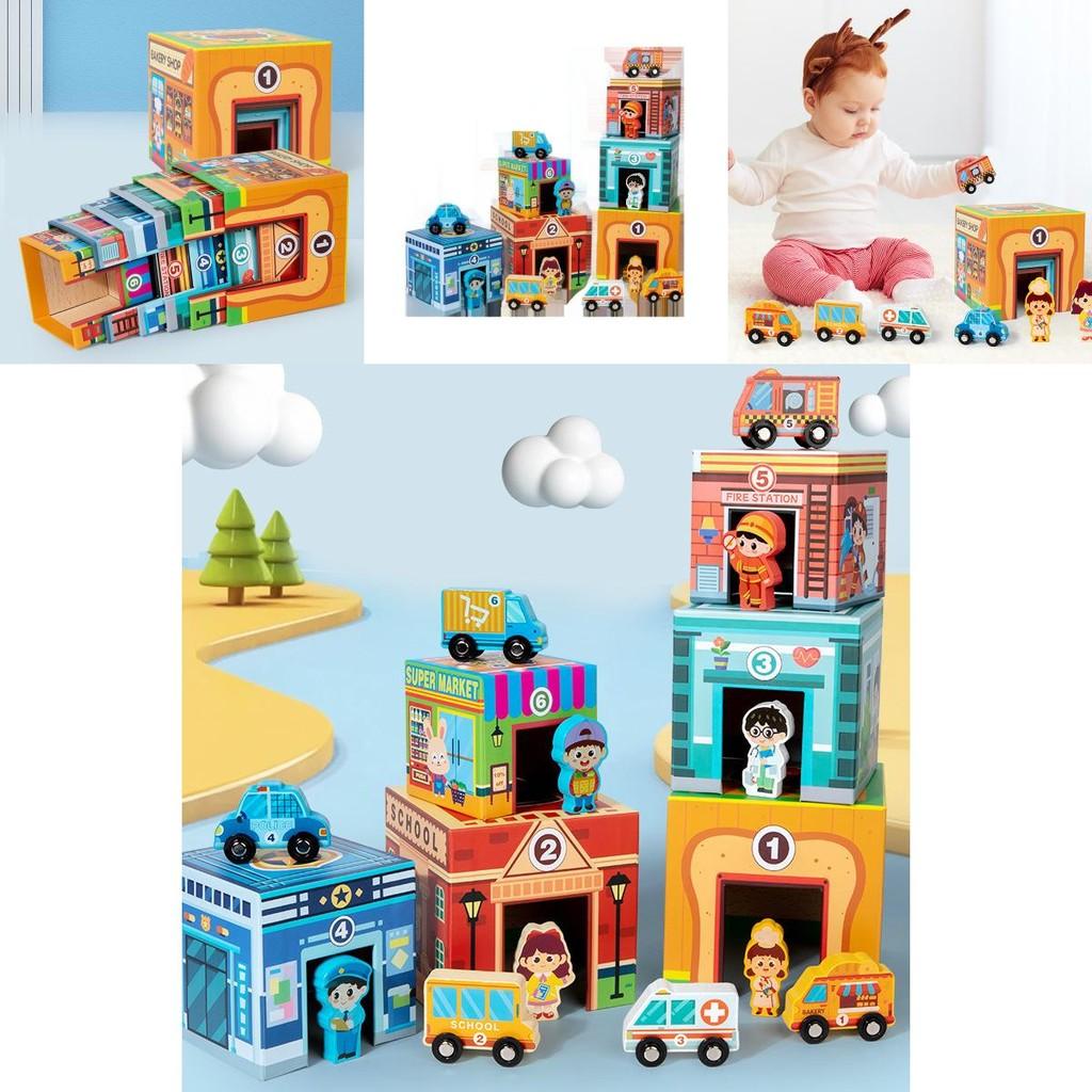 Wooden Stacking Toy Set For Early Education And Logic Development With Traffic Scene For Kids