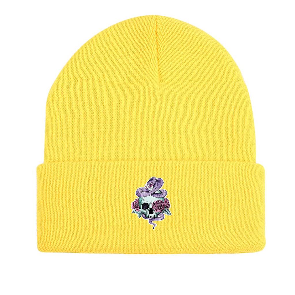 Skull Snake Rose Warm Knitted Cap Beanie, Scary Animal Woman Cap Cozy Slouchy Solid Bonnet Knitted Cap Beanie