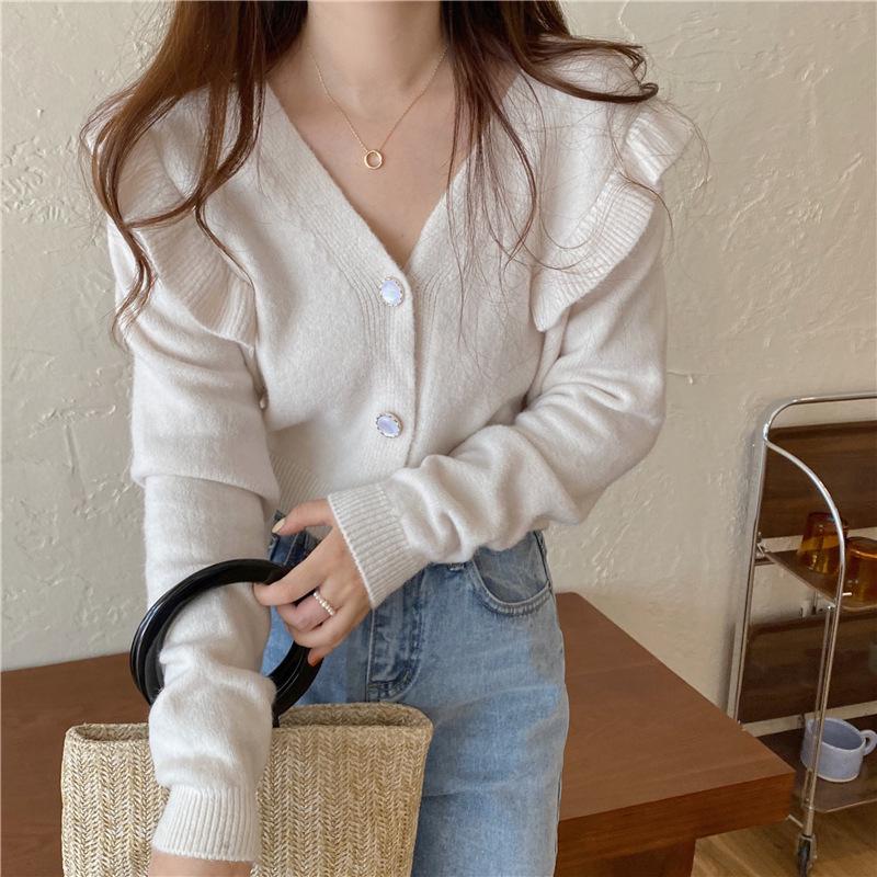 

Женский вязаный кардиган с длинными рукавами и оборками на осень/зиму One Size