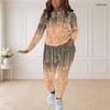 Women Plus Size Round Neck Long Sleeve Printed Blue Pink White Top And Fitted Pants Two Piece Set