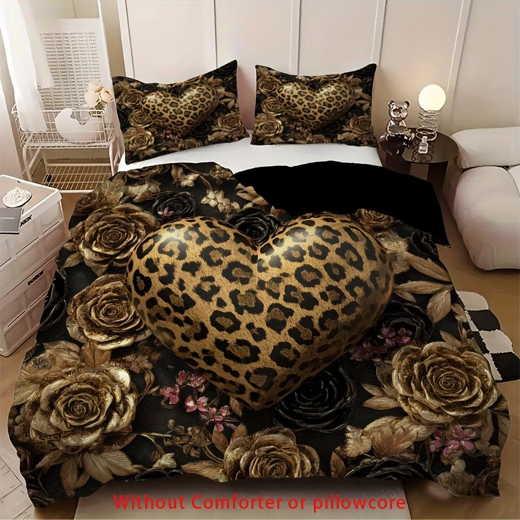 2/3Pcs Leopard Print Love Rose Flower Duvet Cover Set (1 Duvet Cover + 1/2 Pillowcase Without Core) Luxury Retro Romantic