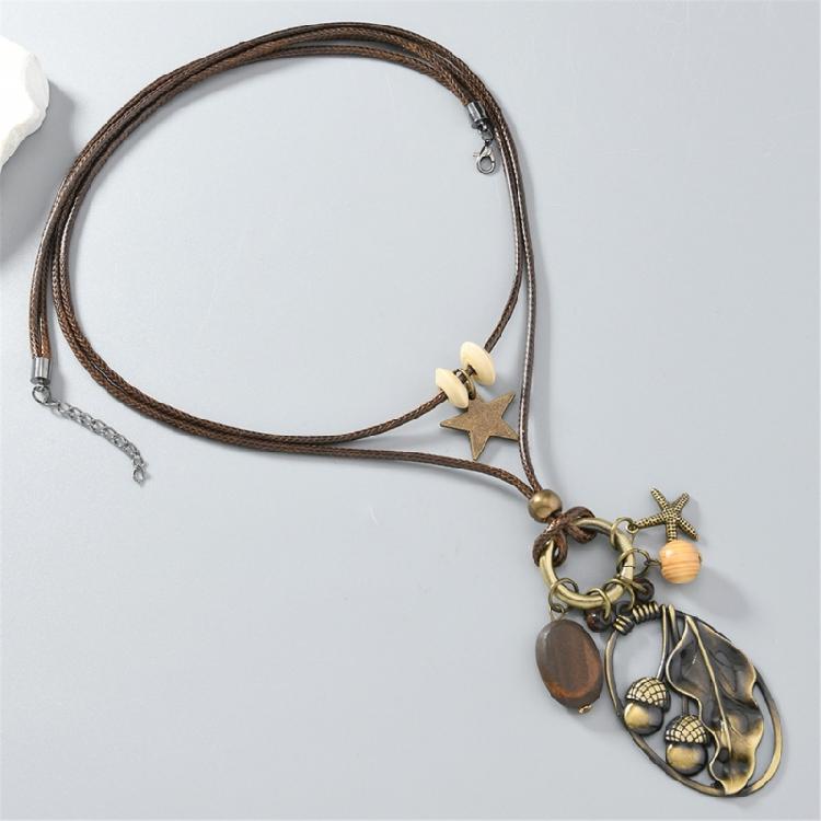 Adjustable Tribal Necklace With Alloy Pendant Waxed Cord Chain And Wood Beads Artistics Jewelry Accessory