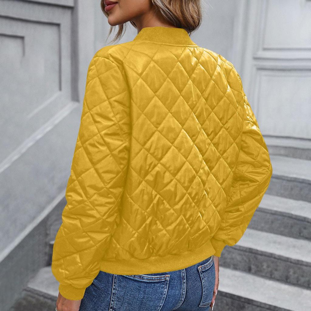 Ladies Zipper Long Sleeve Stand Collar Check Slim Baseball Padded Top Blouse Jacket Coat