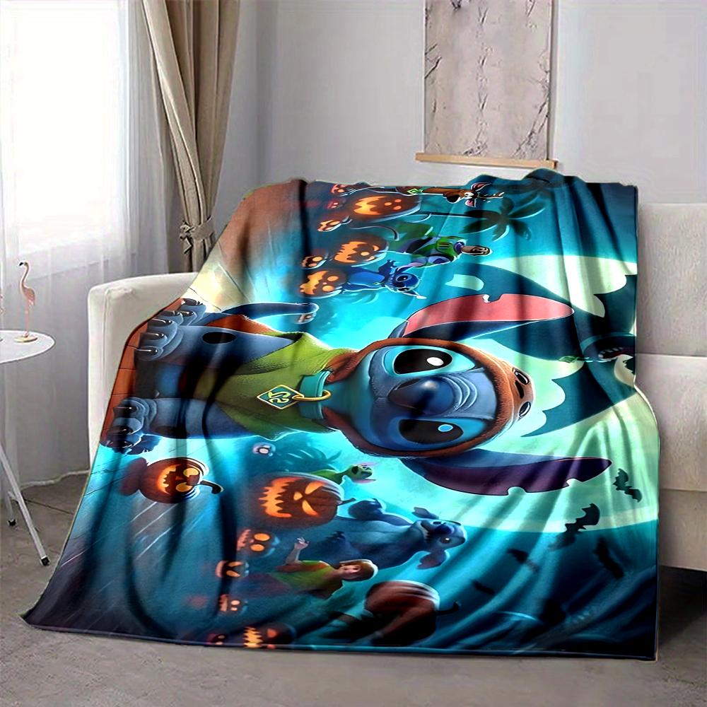1Pc Stitch'S Halloween Adventure Flannel Blanket, Soft And Comfortable, Casual Warm, Camping Travel, Christmas, Halloween Xmas Gift S1475