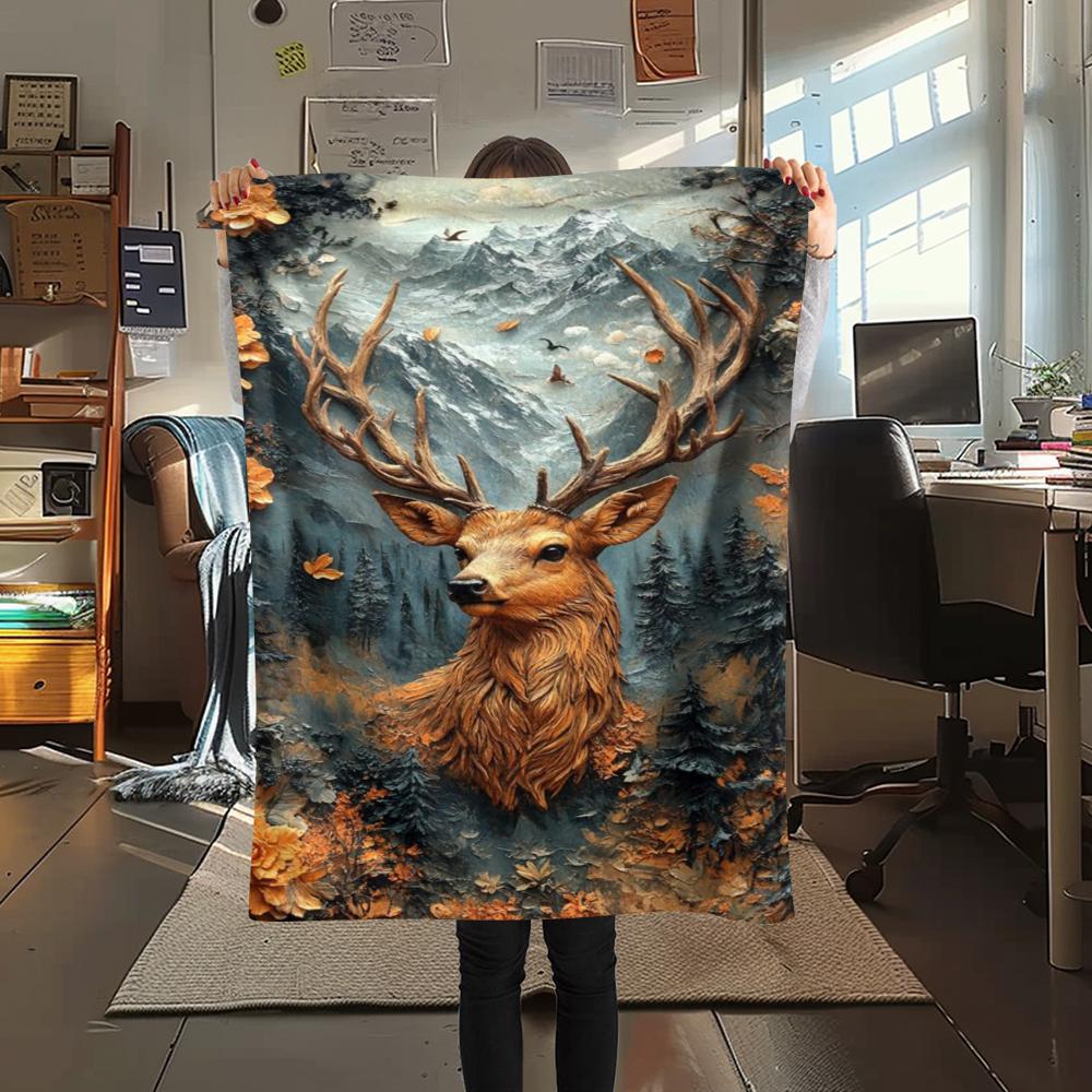 1Pc Vintage Deer Art Print Flannel Blanket, High Quality Comfortable for All Seasons, Home Decor, Warmth and Comfort, Perfect for Gifts