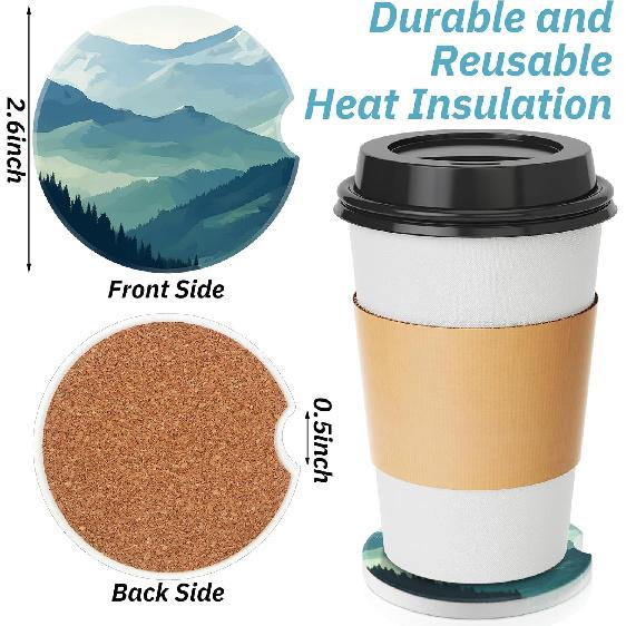Tallew 2 Sets Of Mountain Car Seat Covers For Front Seats With Matching Headrest Covers Absorbent Car Cup Coasters With Finger Notch Fits For Most