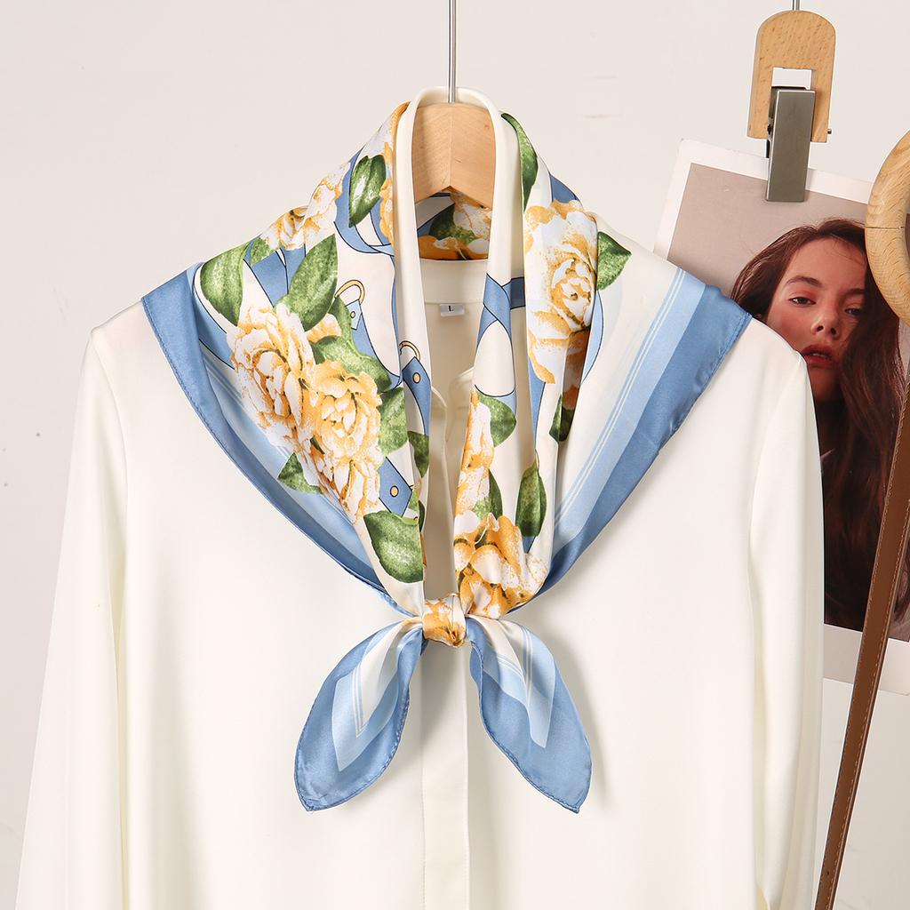 Summer Floral Printed Square Scarf Satin Silk Shawl Small Size Handkerchief Woman Elegant Scarves Ladies Kerchief 67*67Cm