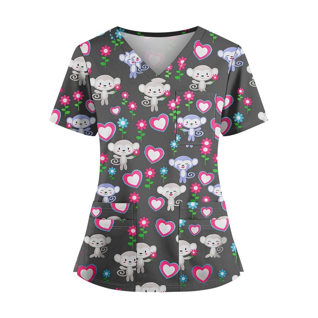 Velká velikost Potištěná srubová pracovní uniforma pro ženy s překříženým výstřihem do V Halloween potisk Zábavná trička s krátkým rukávem Pracovní oblečení Tričko s kapsami