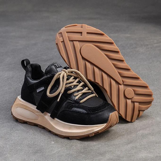 Johnature Zapatillas de deporte de cuero genuino, zapatos deportivos casuales versátiles, zapatos planos con cordones y punta redonda para mujer