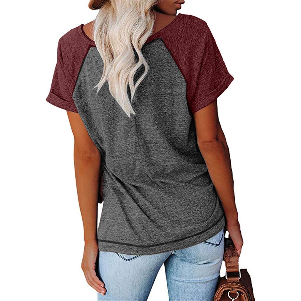 Fashion Womens Solid Color Splicing Round Neck Casual Short Sleeves Tops
