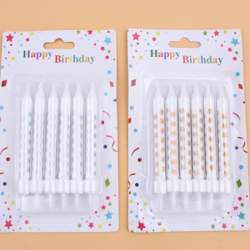 New White Gold, Silver and White Striped Polka Dot Stars Birthday Black Gold Baking Cake Decoration Party Candles