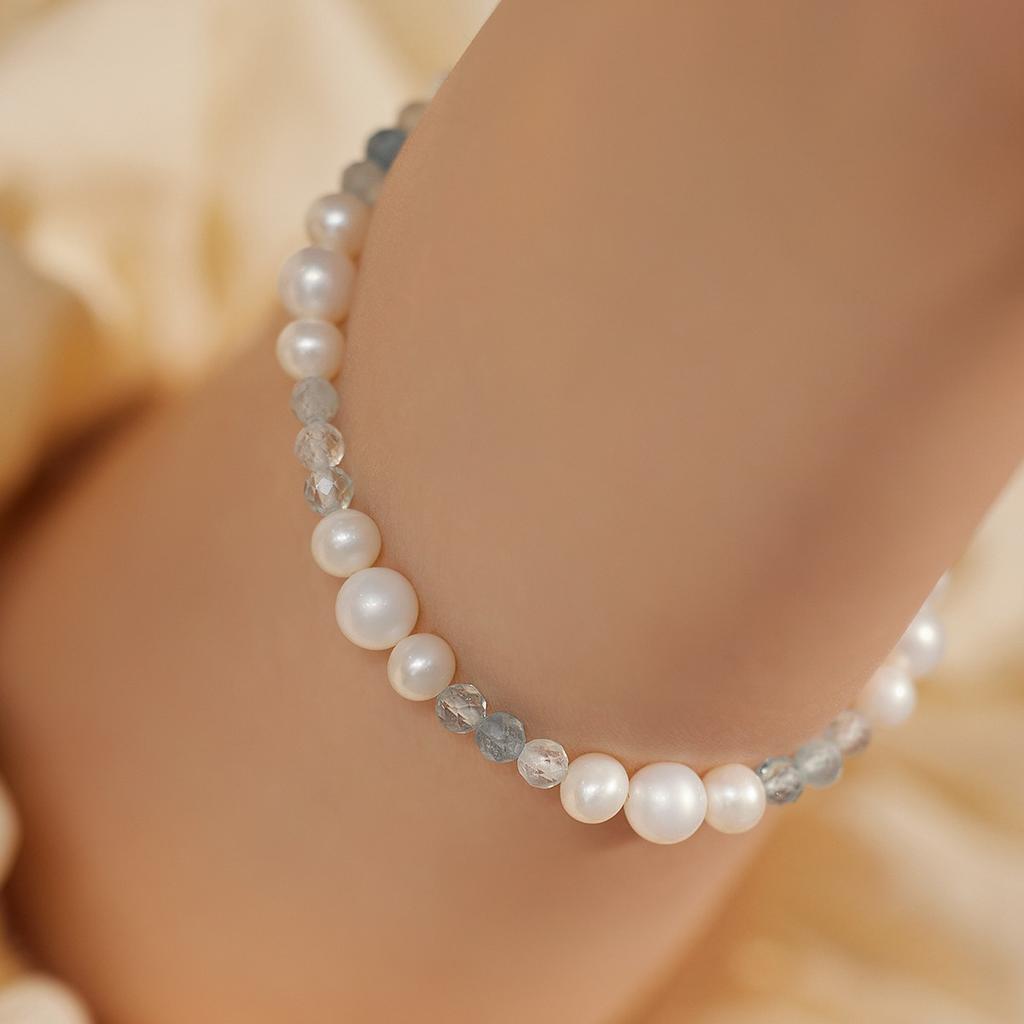 Natural freshwater pearl bracelet, natural aquamarine beaded elastic string bracelet, fresh and stylish fashion jewelry
