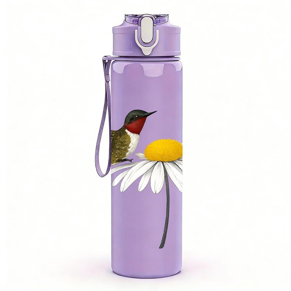 1PC Hummingbird Daisy Flower Print 750ml Color Plastic Sports Water Bottle Leakproof Flip Straw Lid Suitable for Sports Office Home Use