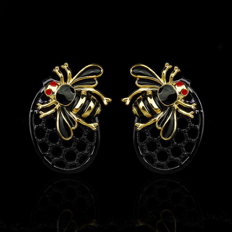 Silber Retro Schlichtes Design Handgefertigt Tropföl Farbe Biene Ohrringe Hohl Schwarz Gold Party Geburtstag Schmuck Geschenk