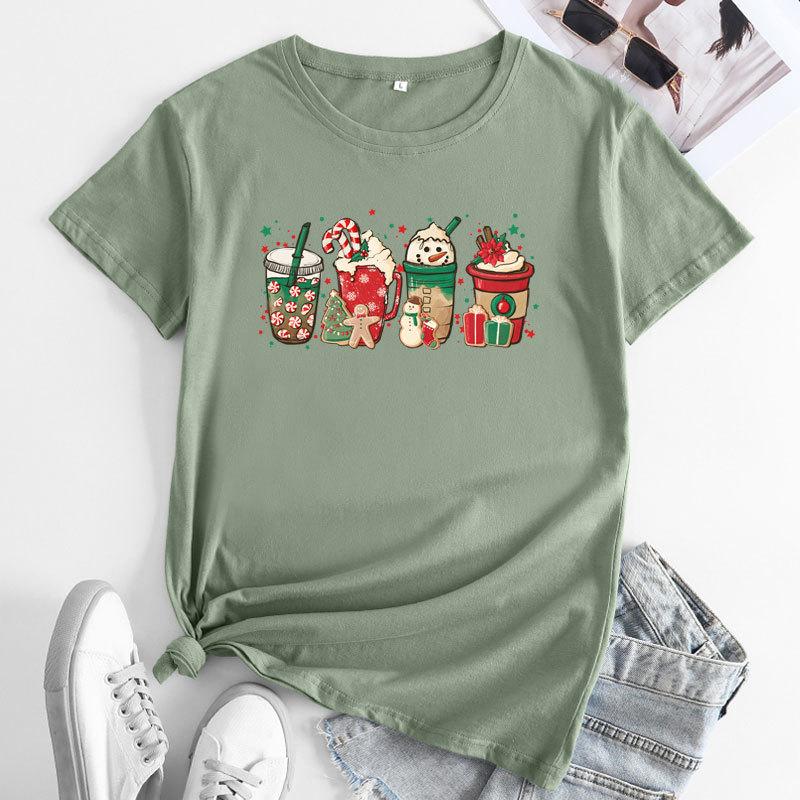 Summer Loose Christmas Print Pure Cotton Round Neck Short Sleeved T-Shirts Women’s