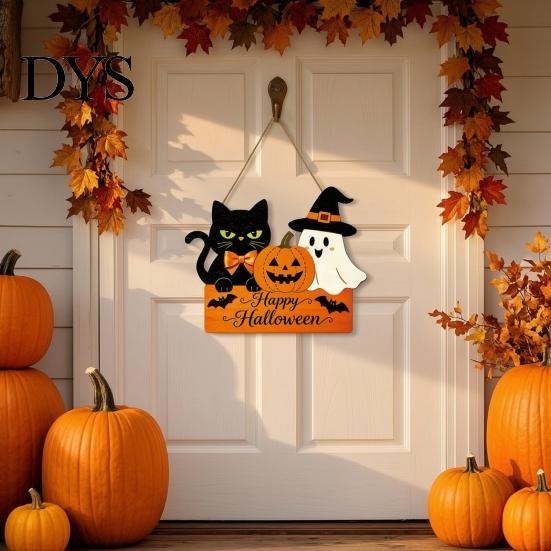 Festive Hanging Decoration for Friends Halloween Door Sign with Hemp Rope Lanyard, Pumpkin Ghost Printed Wooden Plaque, Front Wall Art Porch