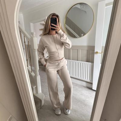 Amazon European and American Women's Clothing Autumn and Winter New Fashion Casual Suit Solid Color Zipper Cardigan Straight Pants Suit